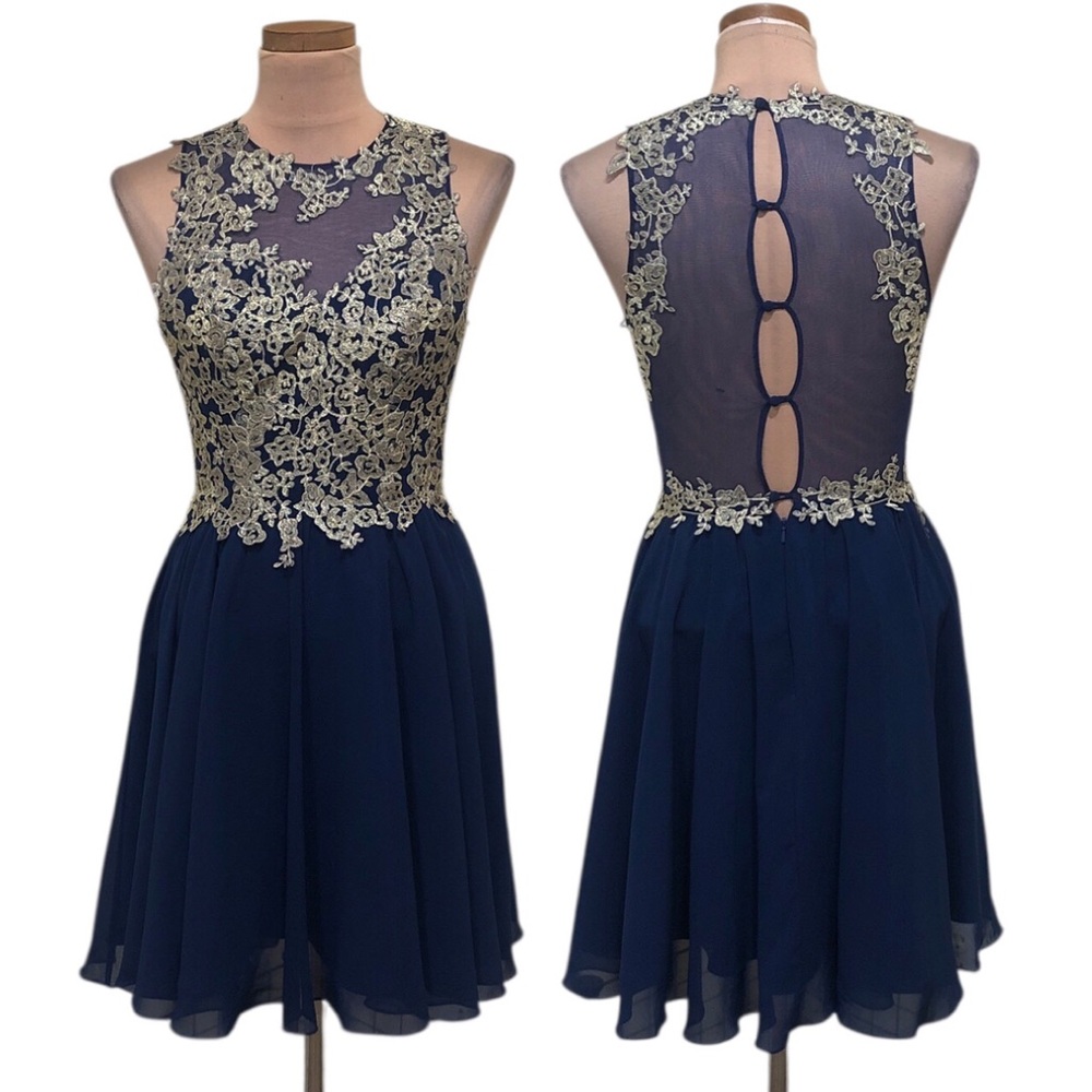 Faviana Mini Dress Size 4 Navy Blue Gold Embroidery